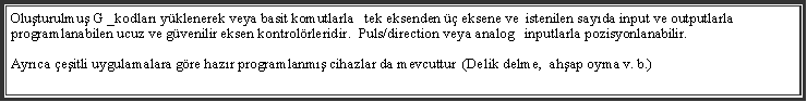 Text Box: Oluturulmu G _kodlar yklenerek veya basit komutlarla   tek eksenden  eksene ve  istenilen sayda input ve outputlarla programlanabilen ucuz ve gvenilir eksen kontrolrleridir.  Puls/direction veya analog   inputlarla pozisyonlanabilir.Ayrca eitli uygulamalara gre hazr programlanm cihazlar da mevcuttur  (Delik delme,  ahap oyma v. b.)