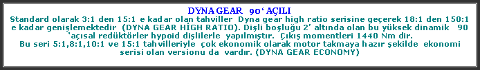 Metin Kutusu: DYNA GEAR   90  AILI Standard olarak 3:1 den 15:1 e kadar olan tahviller  Dyna gear high ratio serisine geerek 18:1 den 150:1 e kadar genilemektedir  (DYNA GEAR HGH RATIO). Dili boluu 2 altnda olan bu yksek dinamik   90 asal redktrler hypoid dililerle  yaplmtr.  k momentleri 1440 Nm dir.Bu seri 5:1,8:1,10:1 ve 15:1 tahvilleriyle  ok ekonomik olarak motor takmaya hazr ekilde  ekonomi serisi olan versionu da  vardr. (DYNA GEAR ECONOMY)